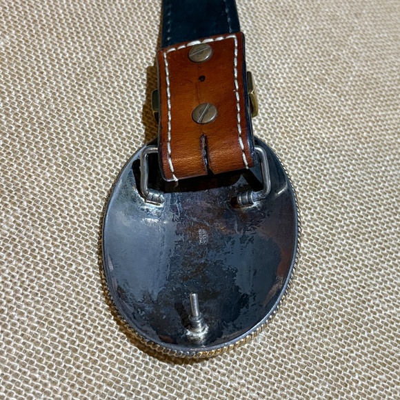 VTG Silver Plated? Western Belt Buckle on Brown Bonded leather Tooled Belt 34/36 - Picture 9 of 16
